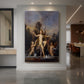 Canvas art print of a symbolic scene of a female figure emerging from the sea with ornate detail displayed as a statement piece in a spacious interior.