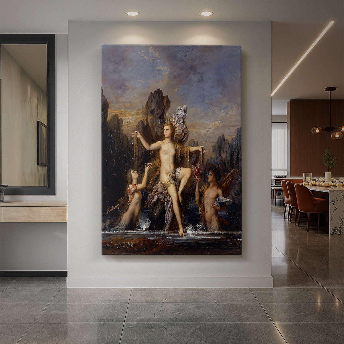 Canvas art print of a symbolic scene of a female figure emerging from the sea with ornate detail displayed as a statement piece in a spacious interior.