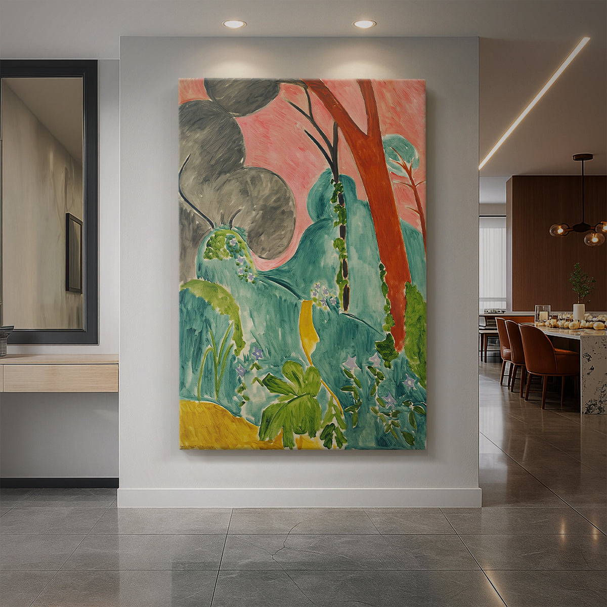 Canvas art print of a fauvist garden scene with vibrant flowers and lush decorative color displayed as a statement piece in a spacious interior.