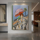 Canvas art print of a fauvist scene of a woman holding an umbrella in a bright outdoor setting displayed as a statement piece in a spacious interior.