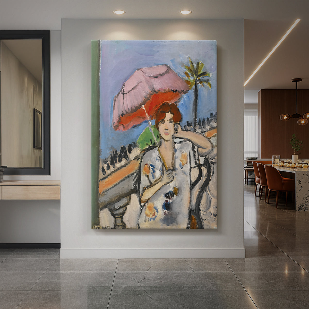 Canvas art print of a fauvist scene of a woman holding an umbrella in a bright outdoor setting displayed as a statement piece in a spacious interior.