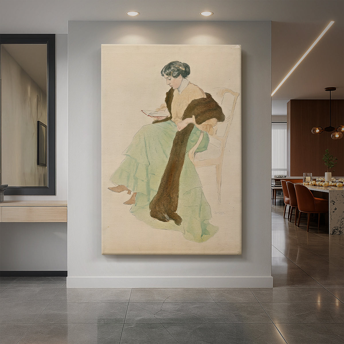 Canvas art print of a soft watercolor portrait of a woman reading in a quiet setting displayed as a statement piece in a spacious interior.