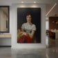 Canvas art print of a realistic portrait of a woman with warm tones and composed expression displayed as a statement piece in a spacious interior.