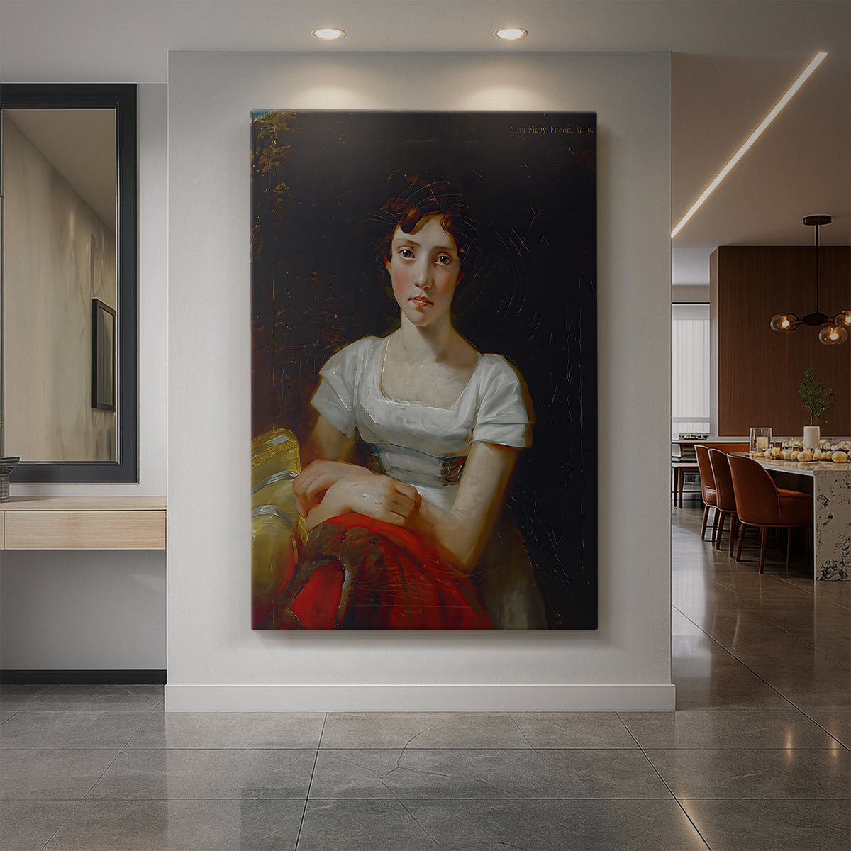 Canvas art print of a realistic portrait of a woman with warm tones and composed expression displayed as a statement piece in a spacious interior.