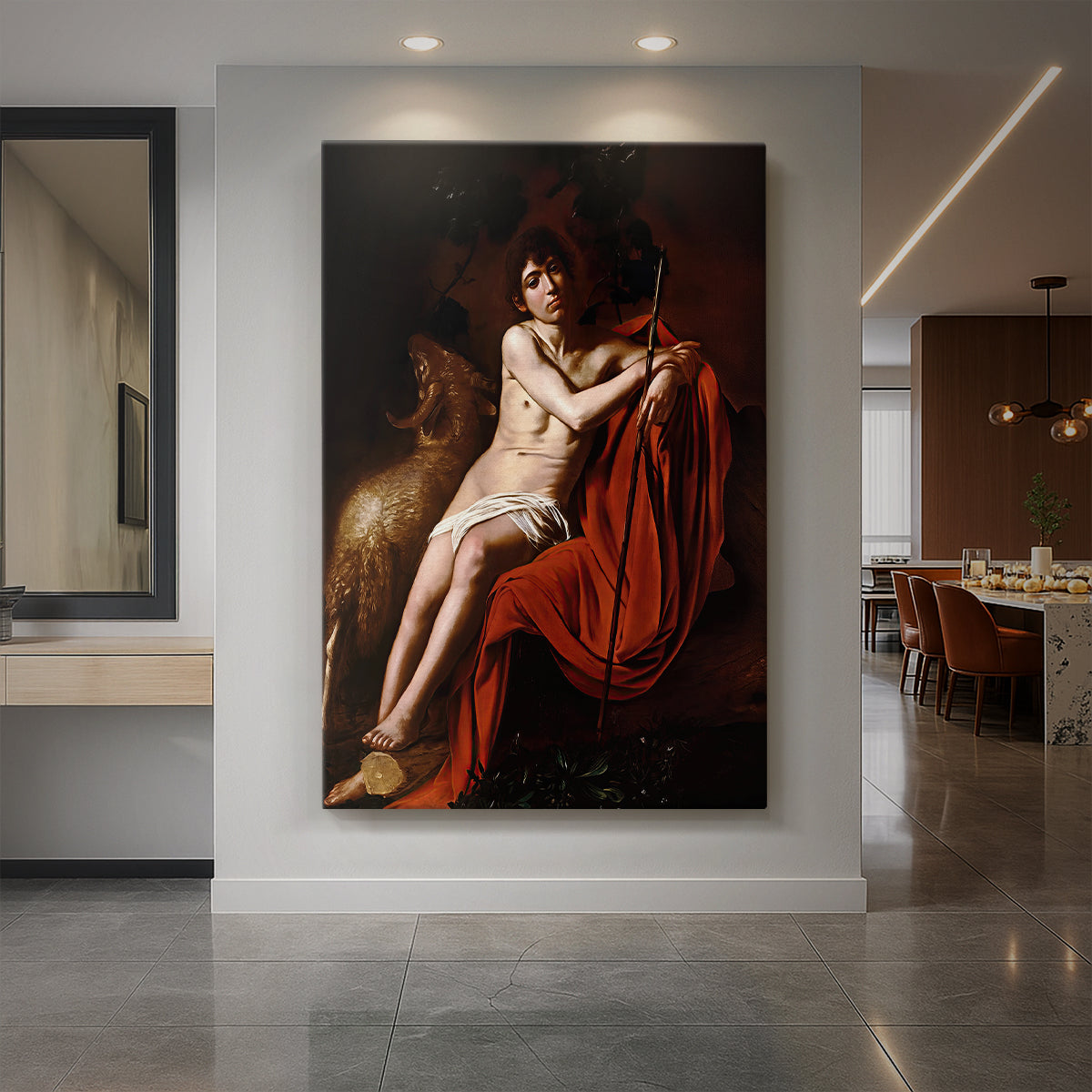 Canvas art print of a Baroque portrait of Saint John the Baptist in a dark natural setting displayed as a statement piece in a spacious interior.