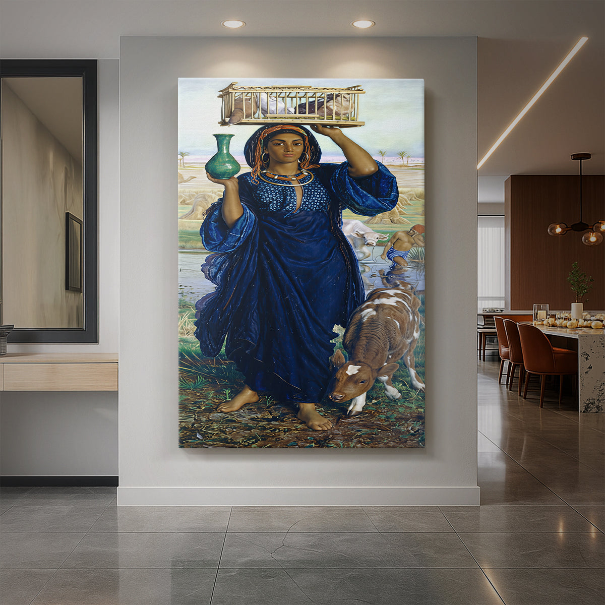 Canvas art print of a Romantic scene of a figure in a glowing desert landscape at sunset displayed as a statement piece in a spacious interior.