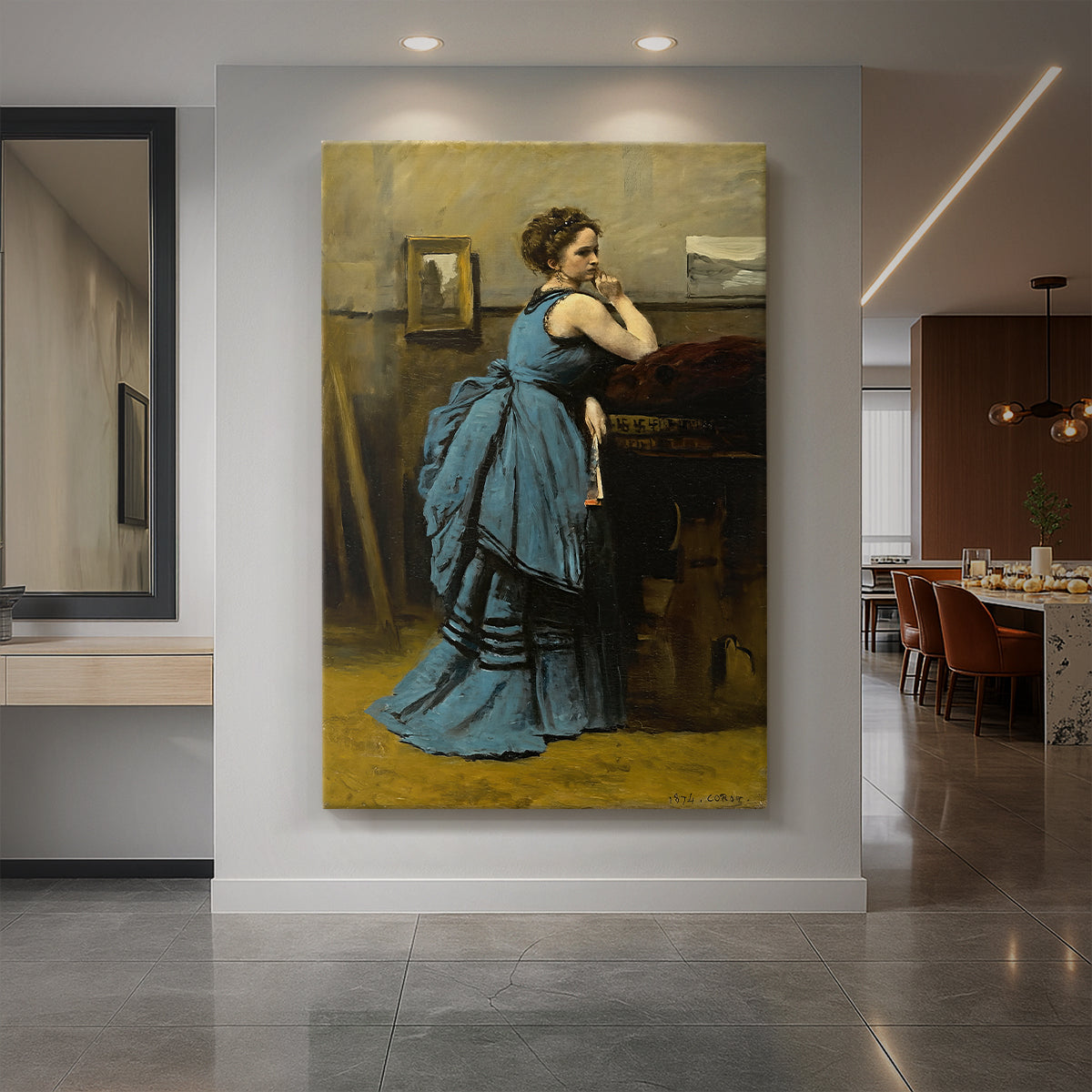 Canvas art print of a realistic portrait of a woman in a blue dress with soft lighting displayed as a statement piece in a spacious interior.