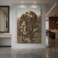 Canvas art print of a symbolic scene of fallen figures in a somber, desolate landscape displayed as a statement piece in a spacious interior.