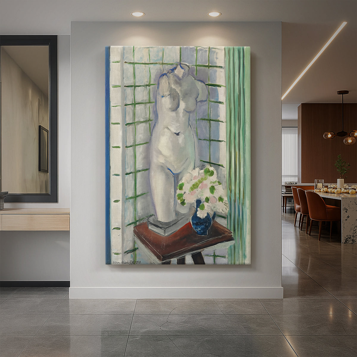 Canvas art print of a fauvist still life with a plaster torso and flowers in a decorative setting displayed as a statement piece in a spacious interior.