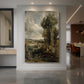 Canvas art print of a wide landscape view of a valley with trees and distant horizon displayed as a statement piece in a spacious interior.