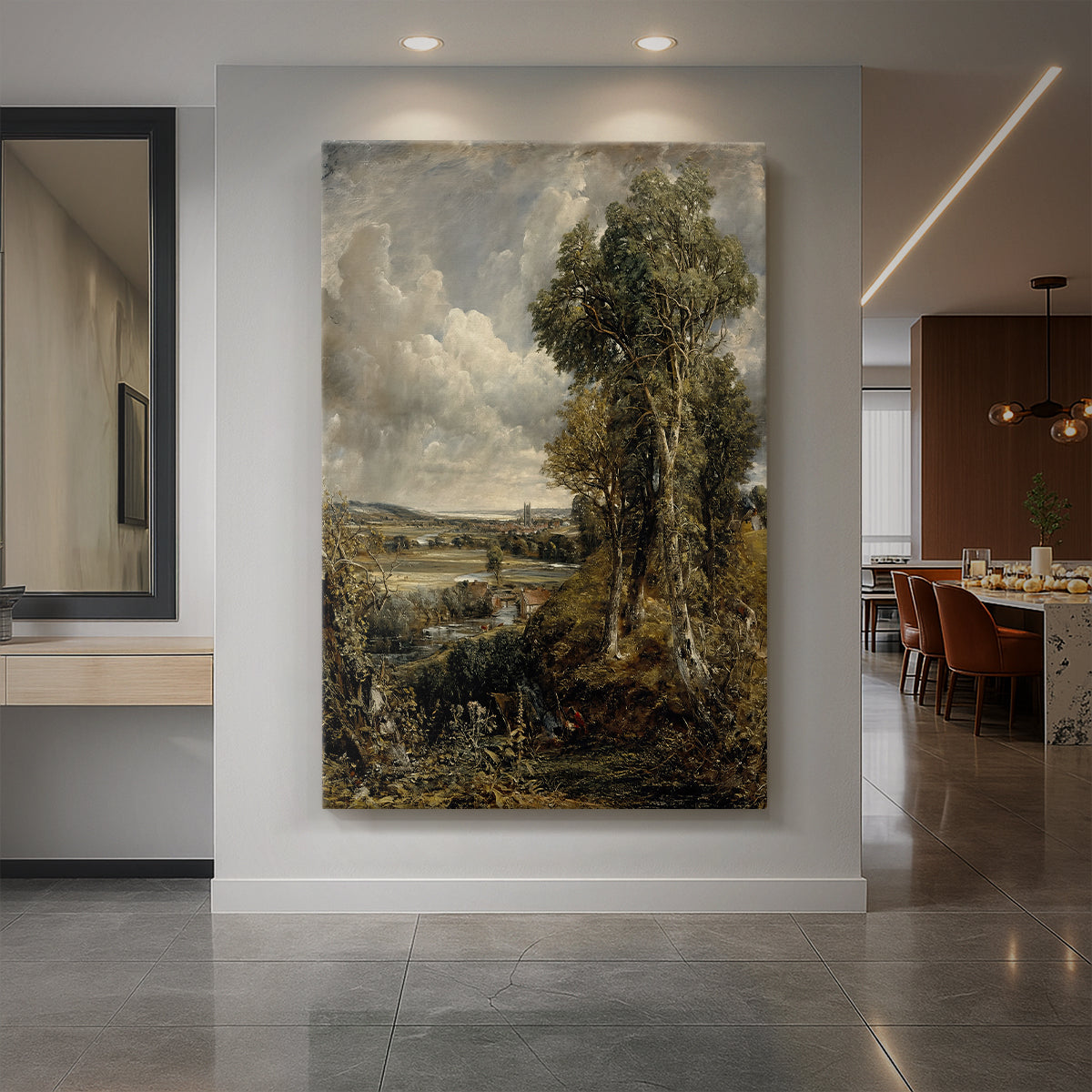 Canvas art print of a wide landscape view of a valley with trees and distant horizon displayed as a statement piece in a spacious interior.
