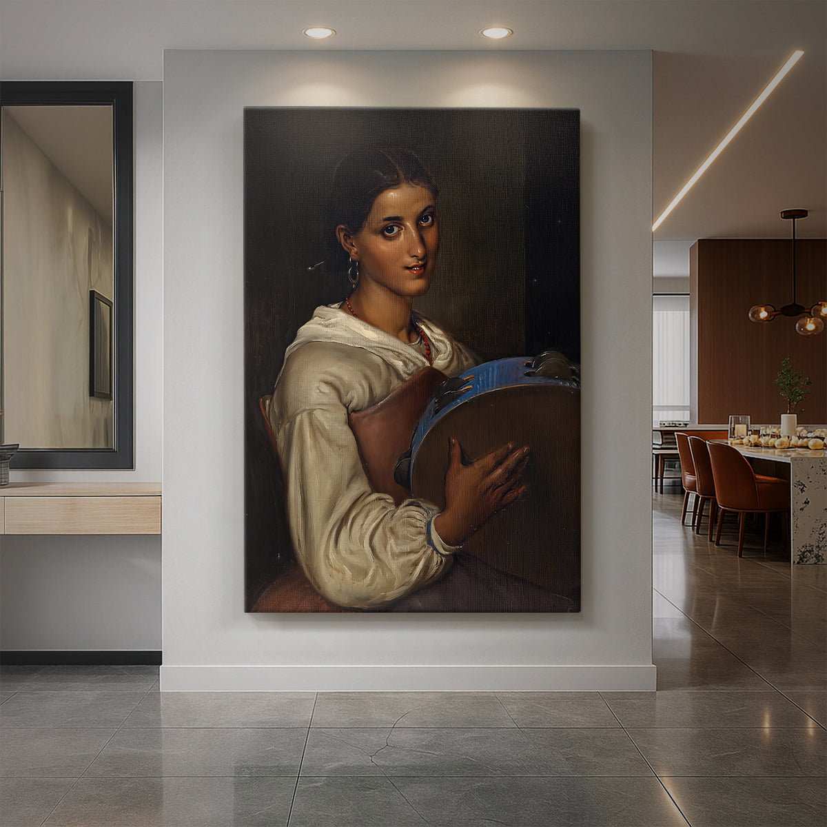 Canvas art print of a portrait of a young woman holding a tambourine with soft light displayed as a statement piece in a spacious interior.