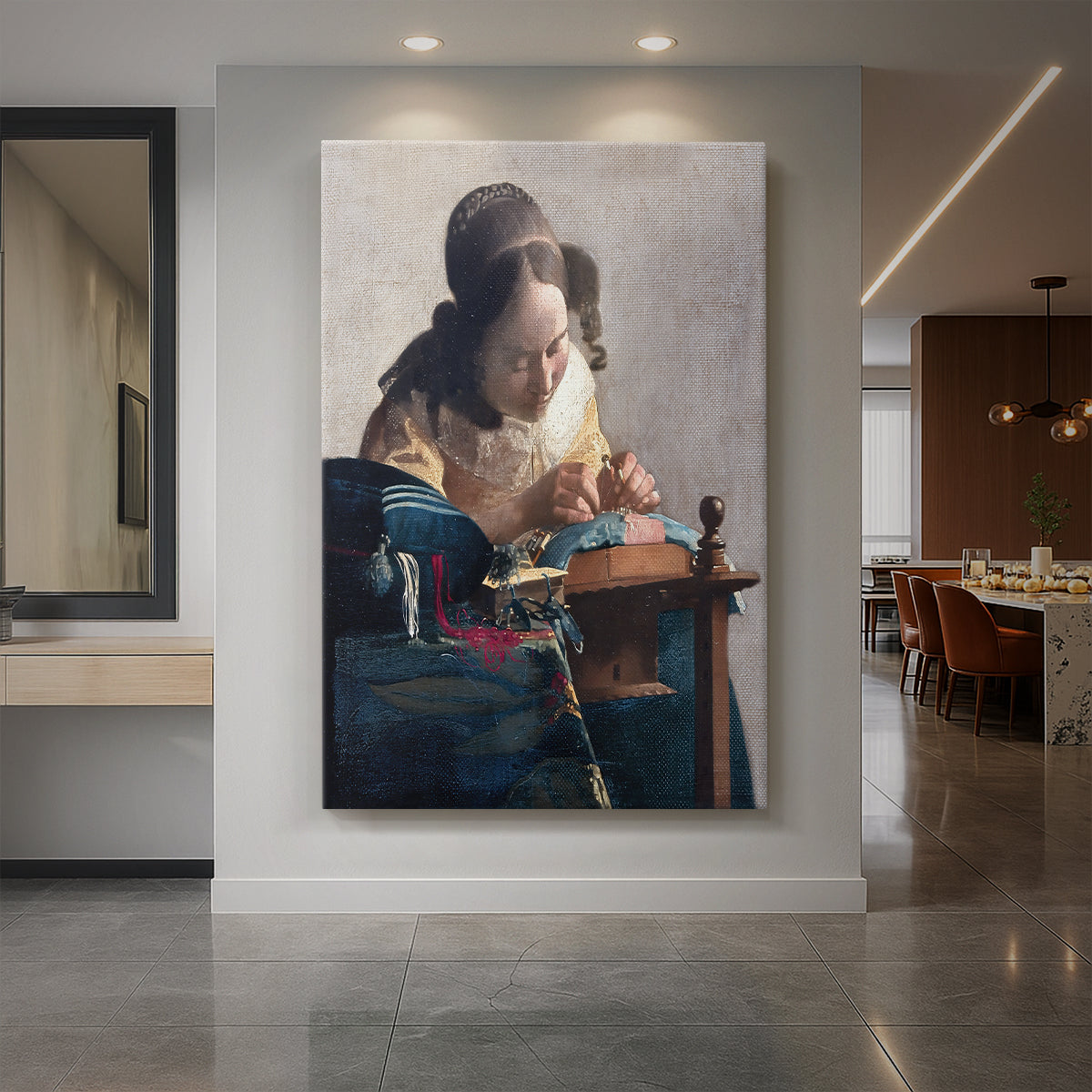 Canvas art print of a Baroque close-up of a woman making lace with delicate detail displayed as a statement piece in a spacious interior.