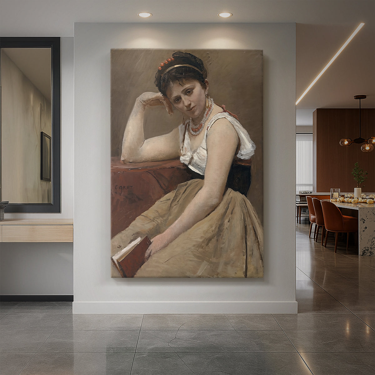 Canvas art print of a realistic scene of a woman pausing while reading in soft light displayed as a statement piece in a spacious interior.