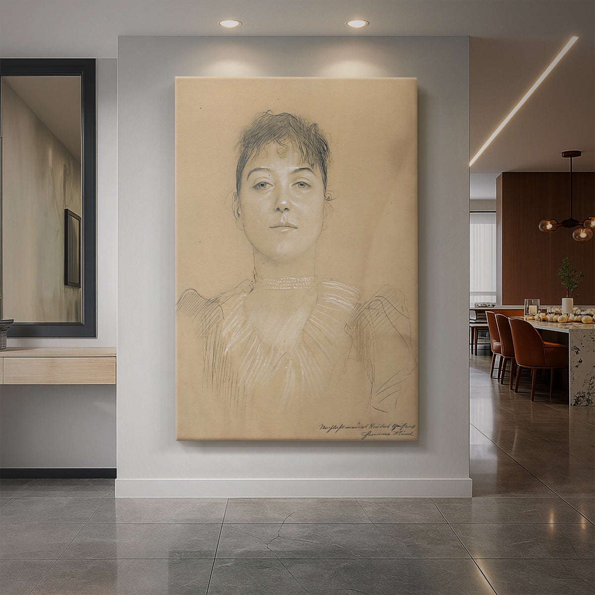 Canvas art print of a portrait study of a woman with delicate features and soft pencil shading displayed as a statement piece in a spacious interior.
