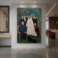 Canvas art print of a naïve-style scene of a wedding group posed outdoors with detailed foliage displayed as a statement piece in a spacious interior.