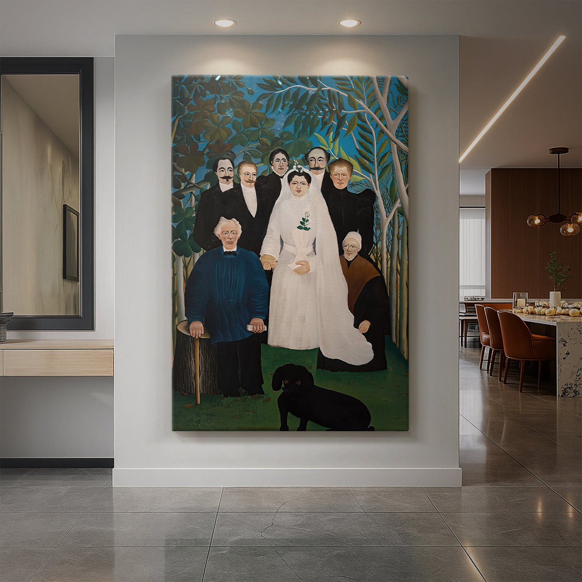 Canvas art print of a naïve-style scene of a wedding group posed outdoors with detailed foliage displayed as a statement piece in a spacious interior.