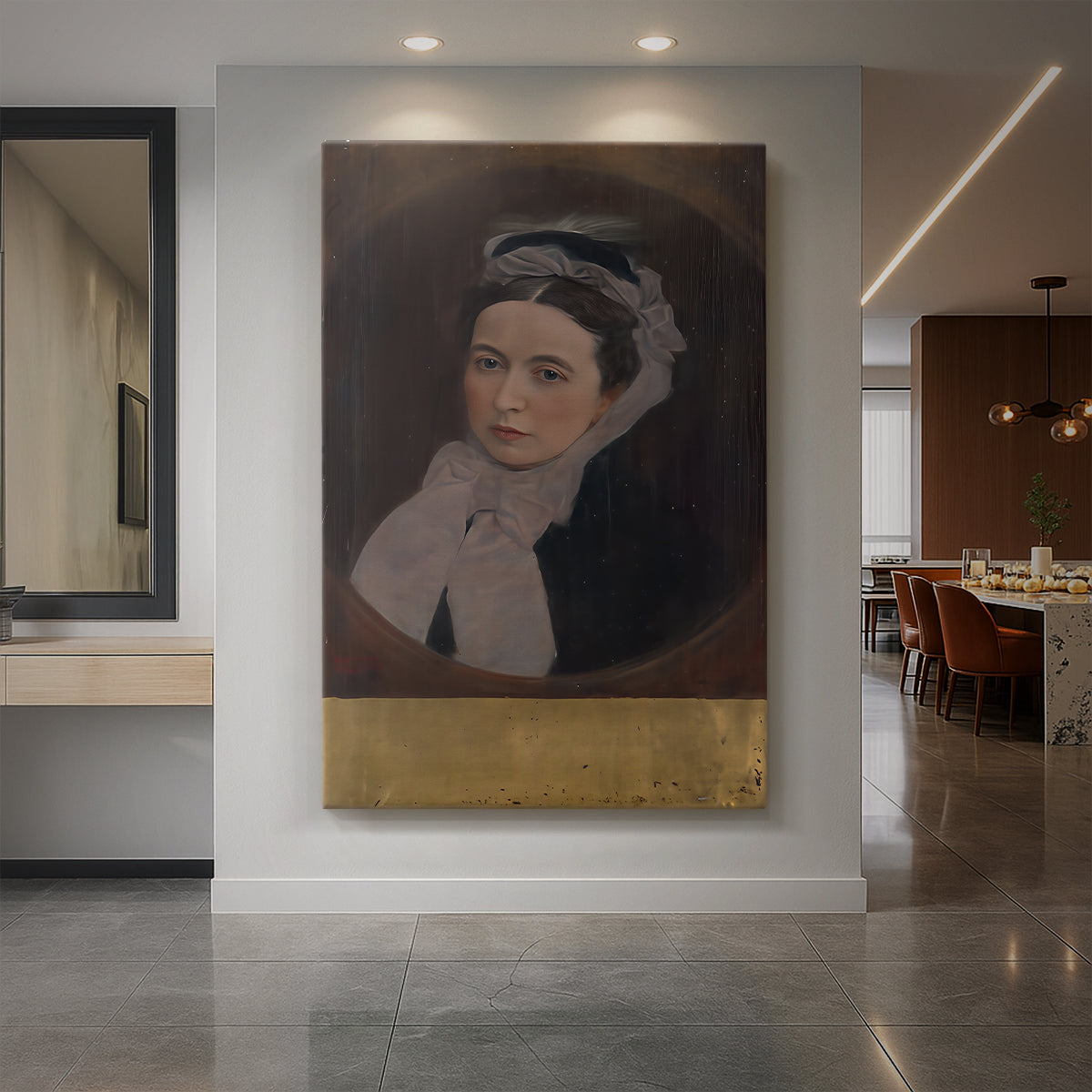 Canvas art print of a realistic portrait of a woman wearing a purple shawl with soft tones displayed as a statement piece in a spacious interior.