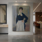 Canvas art print of an impressionist portrait of a waitress in uniform with soft lighting displayed as a statement piece in a spacious interior.