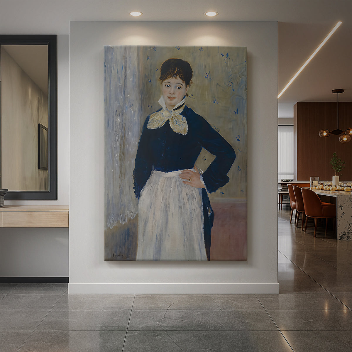 Canvas art print of an impressionist portrait of a waitress in uniform with soft lighting displayed as a statement piece in a spacious interior.