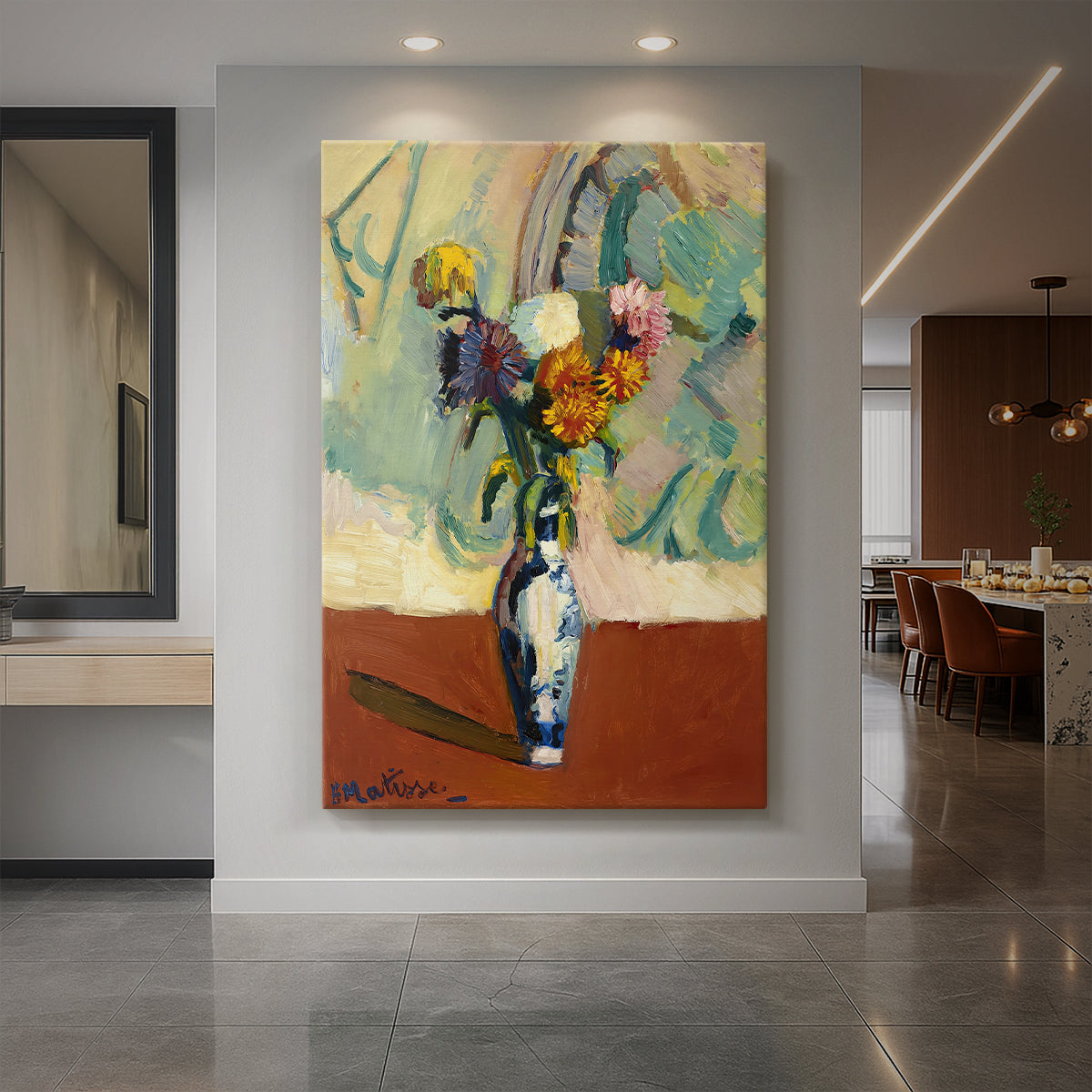 Canvas art print of a fauvist still life of chrysanthemums in a decorative vase with bright color displayed as a statement piece in a spacious interior.