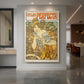 Canvas art print of an Art Nouveau poster of a woman with a bicycle and ornate decorative design displayed as a statement piece in a spacious interior.