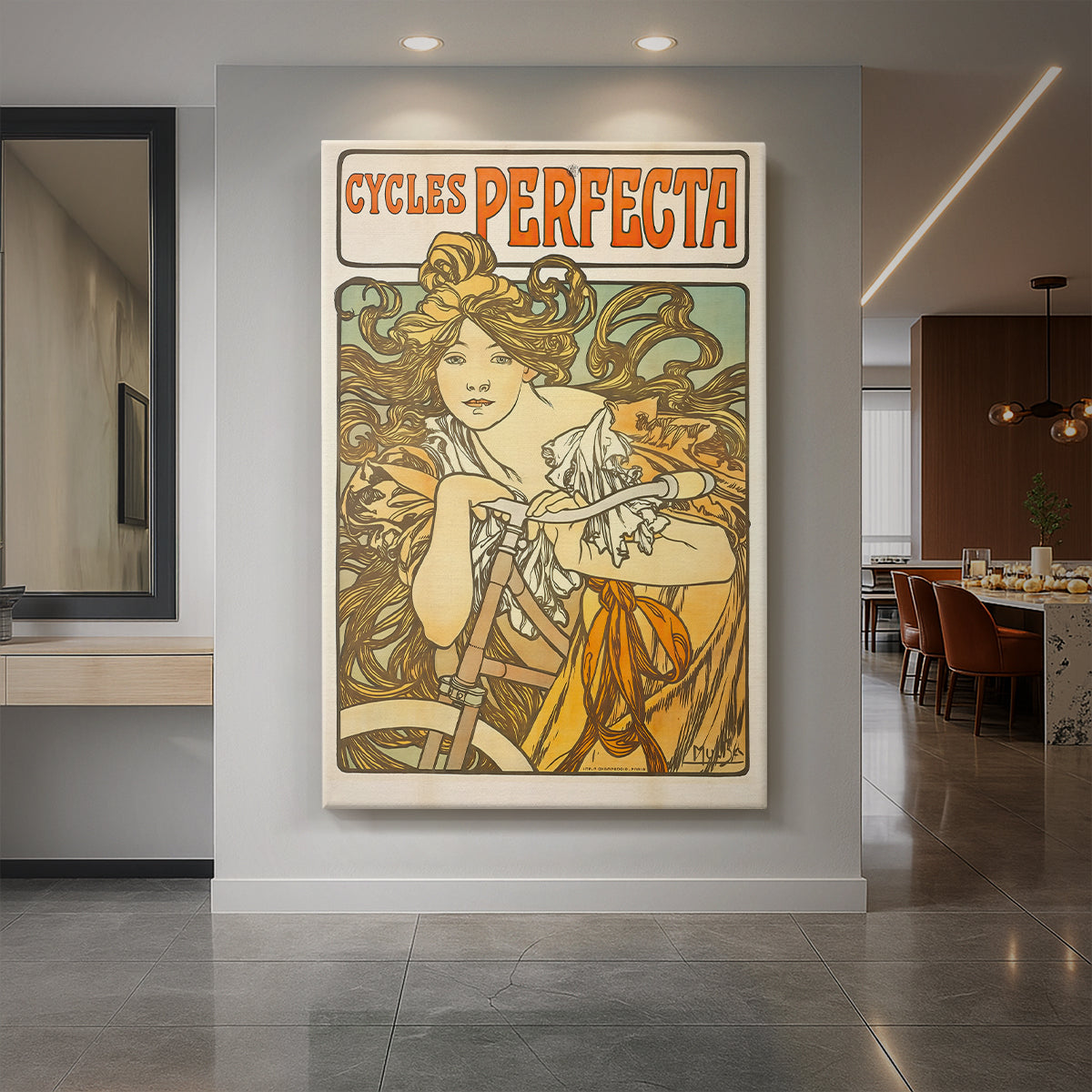 Canvas art print of an Art Nouveau poster of a woman with a bicycle and ornate decorative design displayed as a statement piece in a spacious interior.