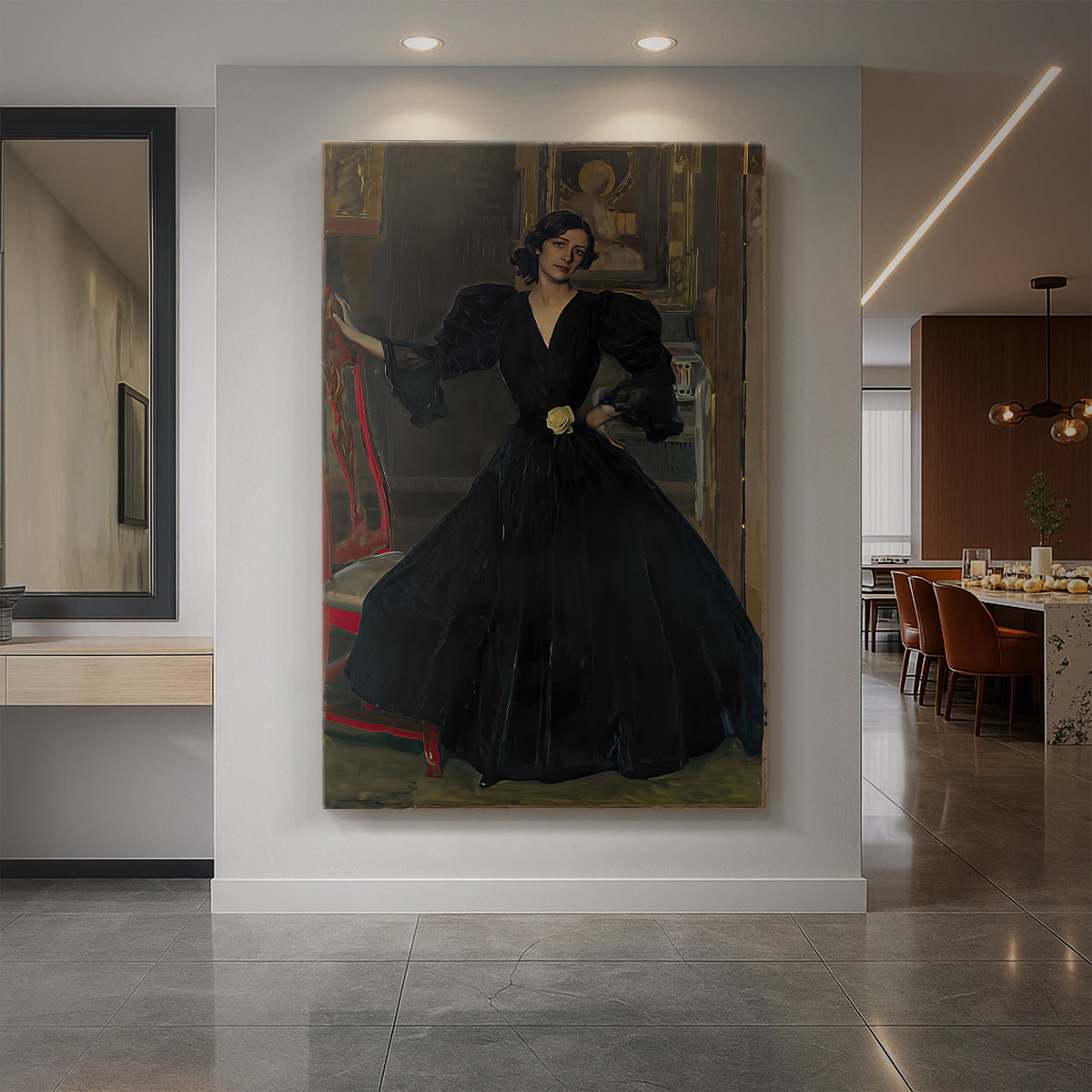 Canvas art print of an impressionist portrait of a woman in black dress with dramatic contrast displayed as a statement piece in a spacious interior.