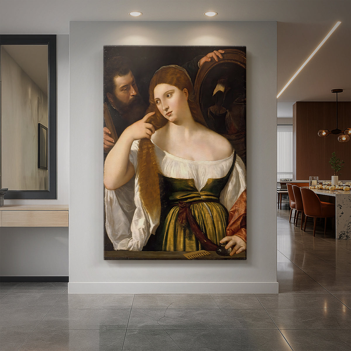 Canvas art print of a Renaissance portrait of a woman holding a mirror with rich tones displayed as a statement piece in a spacious interior.
