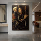 Canvas art print of a Renaissance portrait of a warrior with an attendant in a dark setting displayed as a statement piece in a spacious interior.