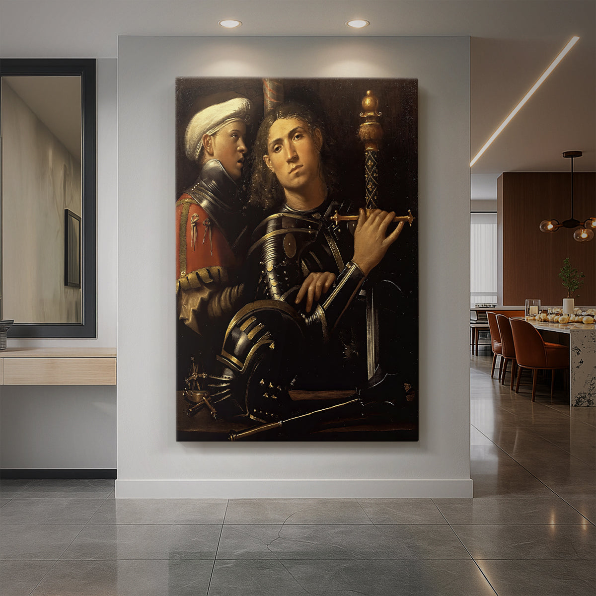 Canvas art print of a Renaissance portrait of a warrior with an attendant in a dark setting displayed as a statement piece in a spacious interior.