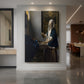 Canvas art print of a Baroque interior of a woman holding a balance in soft light displayed as a statement piece in a spacious interior.