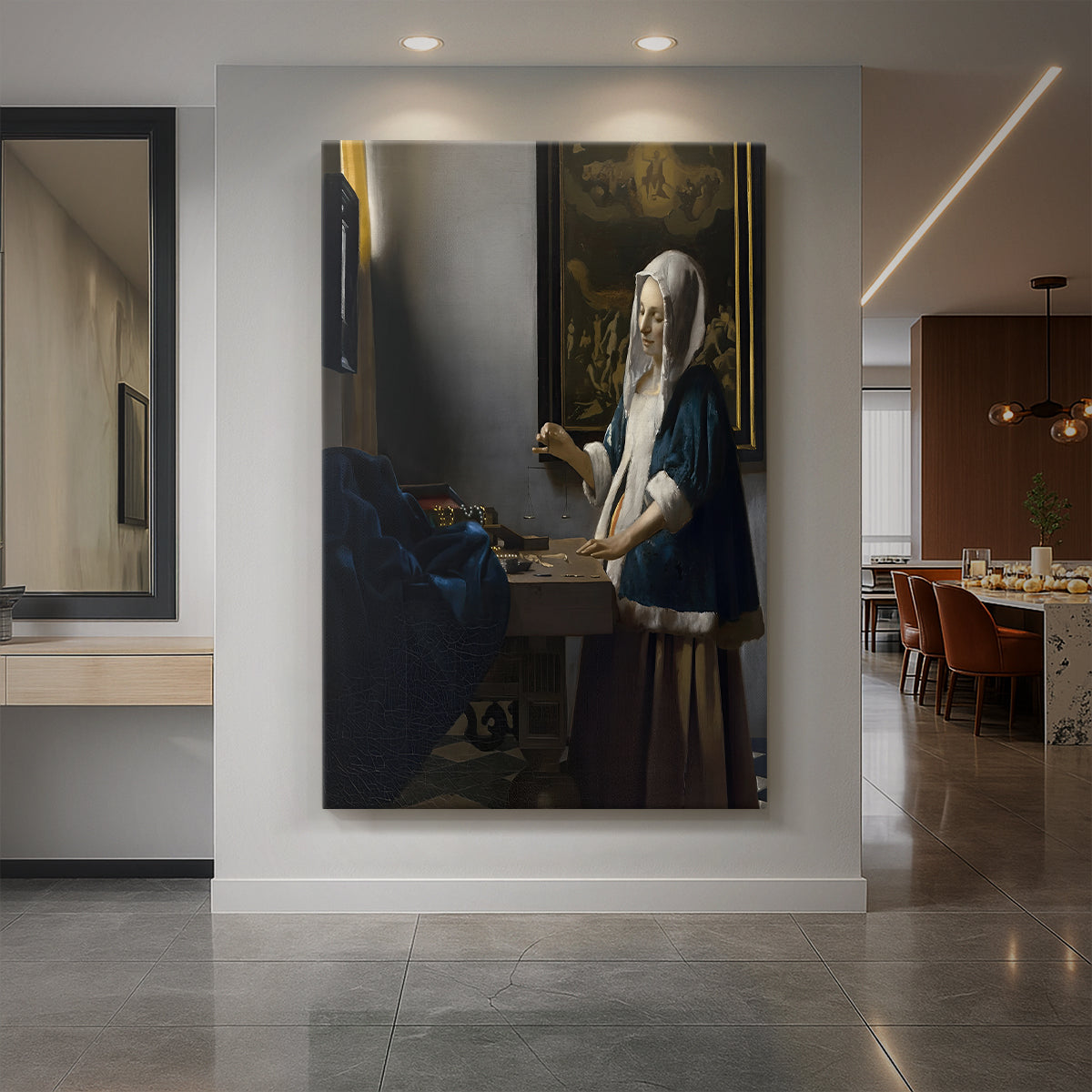 Canvas art print of a Baroque interior of a woman holding a balance in soft light displayed as a statement piece in a spacious interior.