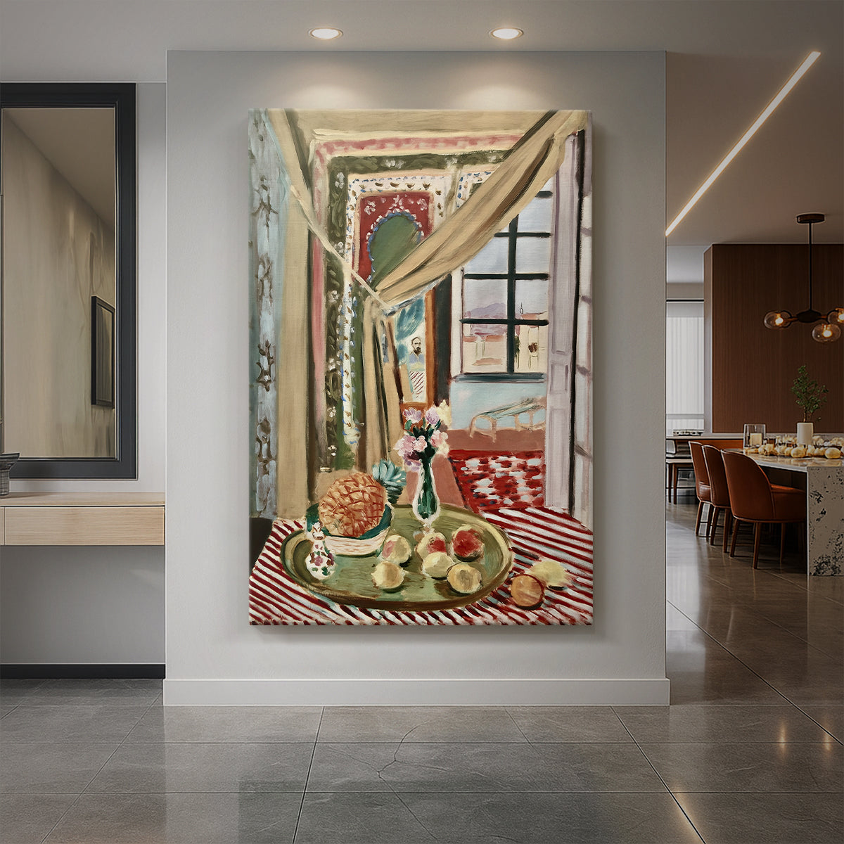 Canvas art print of a fauvist interior scene with a phonograph and patterned furnishings displayed as a statement piece in a spacious interior.