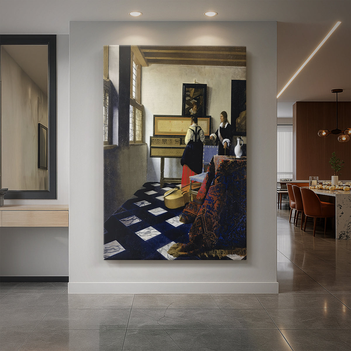 Canvas art print of a Baroque interior of figures engaged in music in a softly lit room displayed as a statement piece in a spacious interior.
