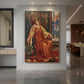 Canvas art print of a symbolic portrait of a seated woman holding an hourglass in warm tones displayed as a statement piece in a spacious interior.