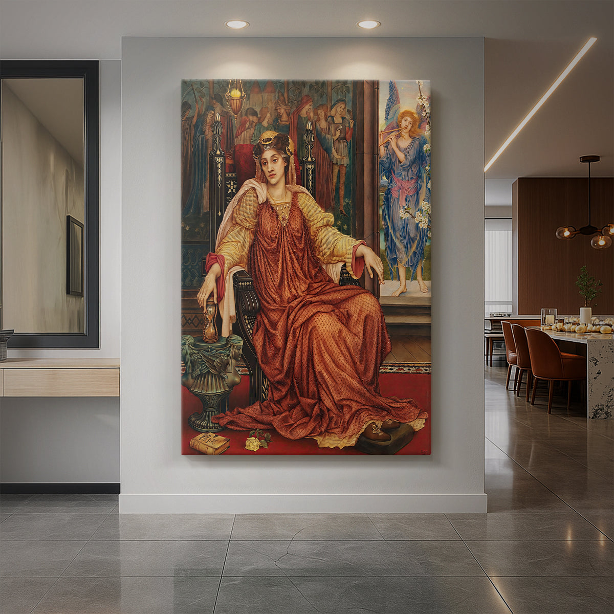 Canvas art print of a symbolic portrait of a seated woman holding an hourglass in warm tones displayed as a statement piece in a spacious interior.
