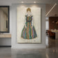 Canvas art print of an expressionist portrait of a woman with sharp lines and stylized features displayed as a statement piece in a spacious interior.