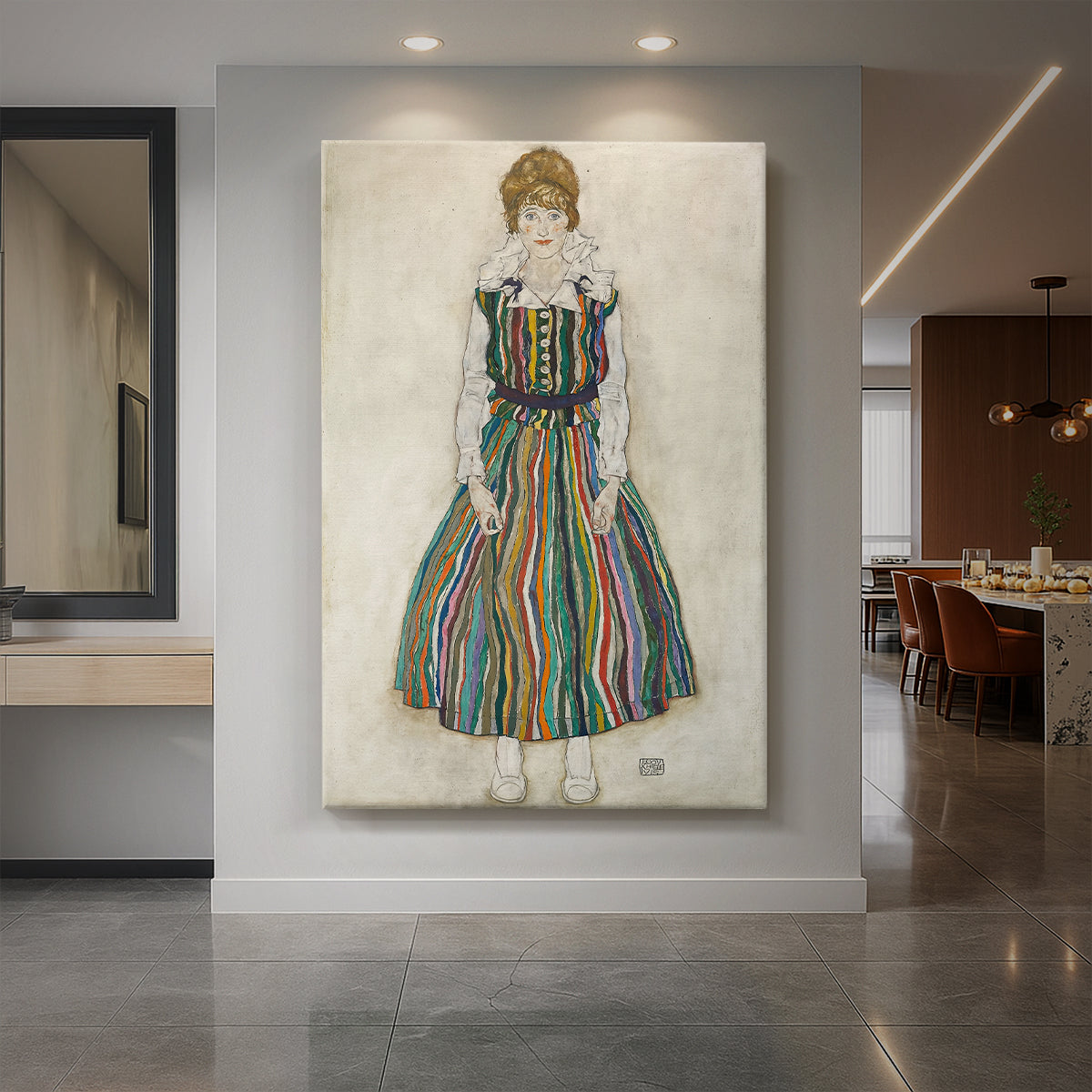 Canvas art print of an expressionist portrait of a woman with sharp lines and stylized features displayed as a statement piece in a spacious interior.