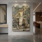 Canvas art print of a symbolic scene of a lone figure raising arms in anguish within a rugged landscape displayed as a statement piece in a spacious interior.