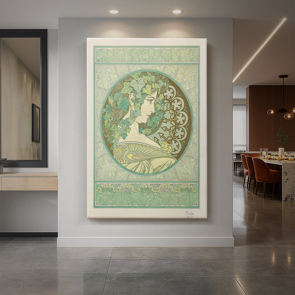 Canvas art print of an Art Nouveau portrait of a woman surrounded by ivy leaves and ornate details displayed as a statement piece in a spacious interior.