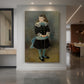 Canvas art print of an impressionist portrait of a young girl with soft tones and delicate detail displayed as a statement piece in a spacious interior.