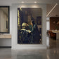 Canvas art print of a Baroque interior of a man studying celestial objects by window light displayed as a statement piece in a spacious interior.