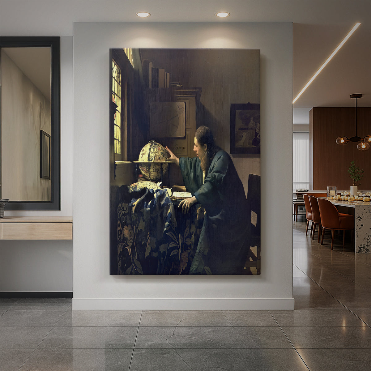 Canvas art print of a Baroque interior of a man studying celestial objects by window light displayed as a statement piece in a spacious interior.