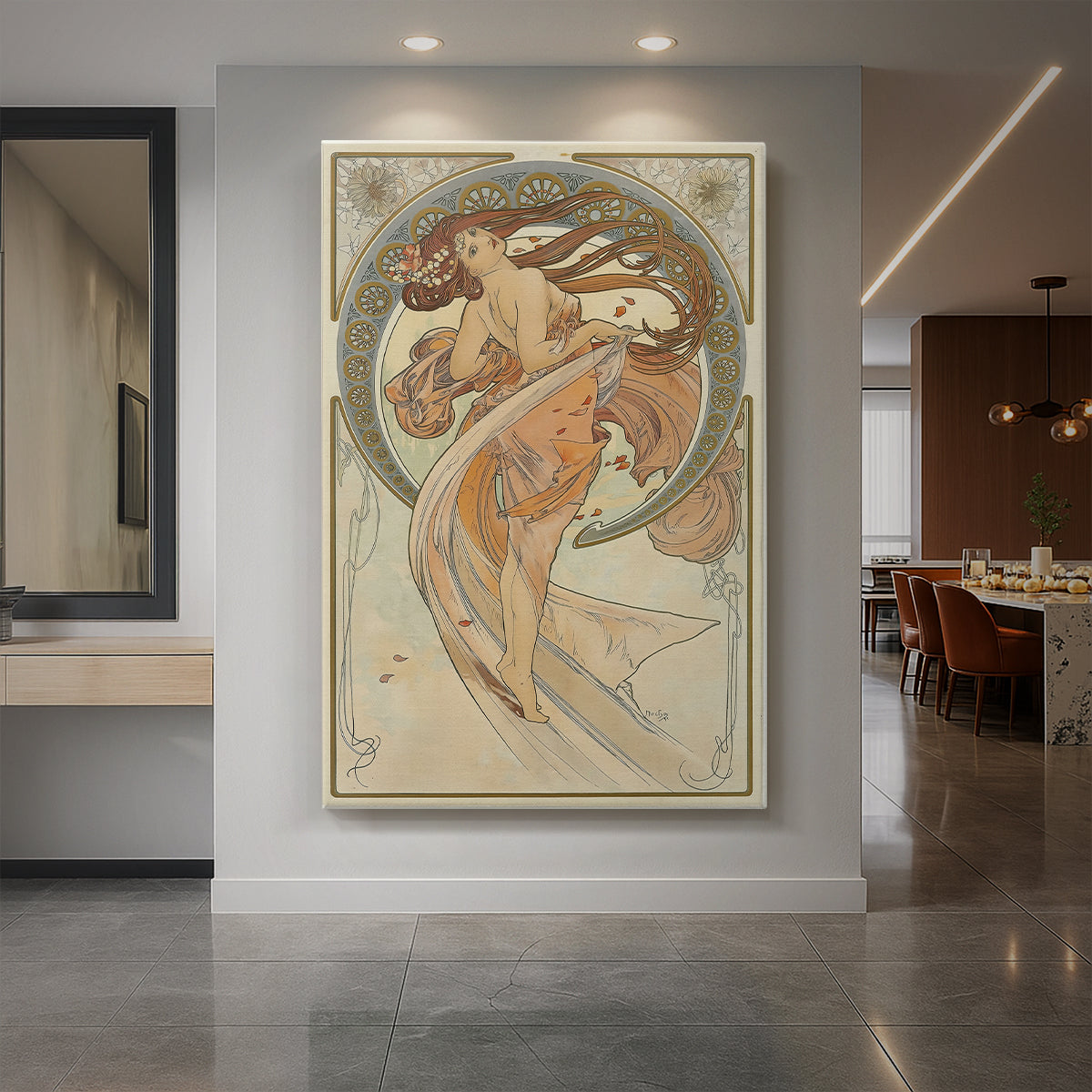 Canvas art print of an Art Nouveau illustration of a woman representing dance with flowing movement displayed as a statement piece in a spacious interior.