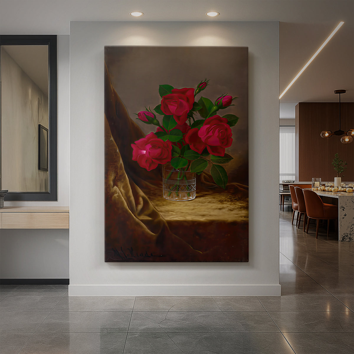 Canvas art print of a still life of red roses arranged against a dark background with soft light displayed as a statement piece in a spacious interior.
