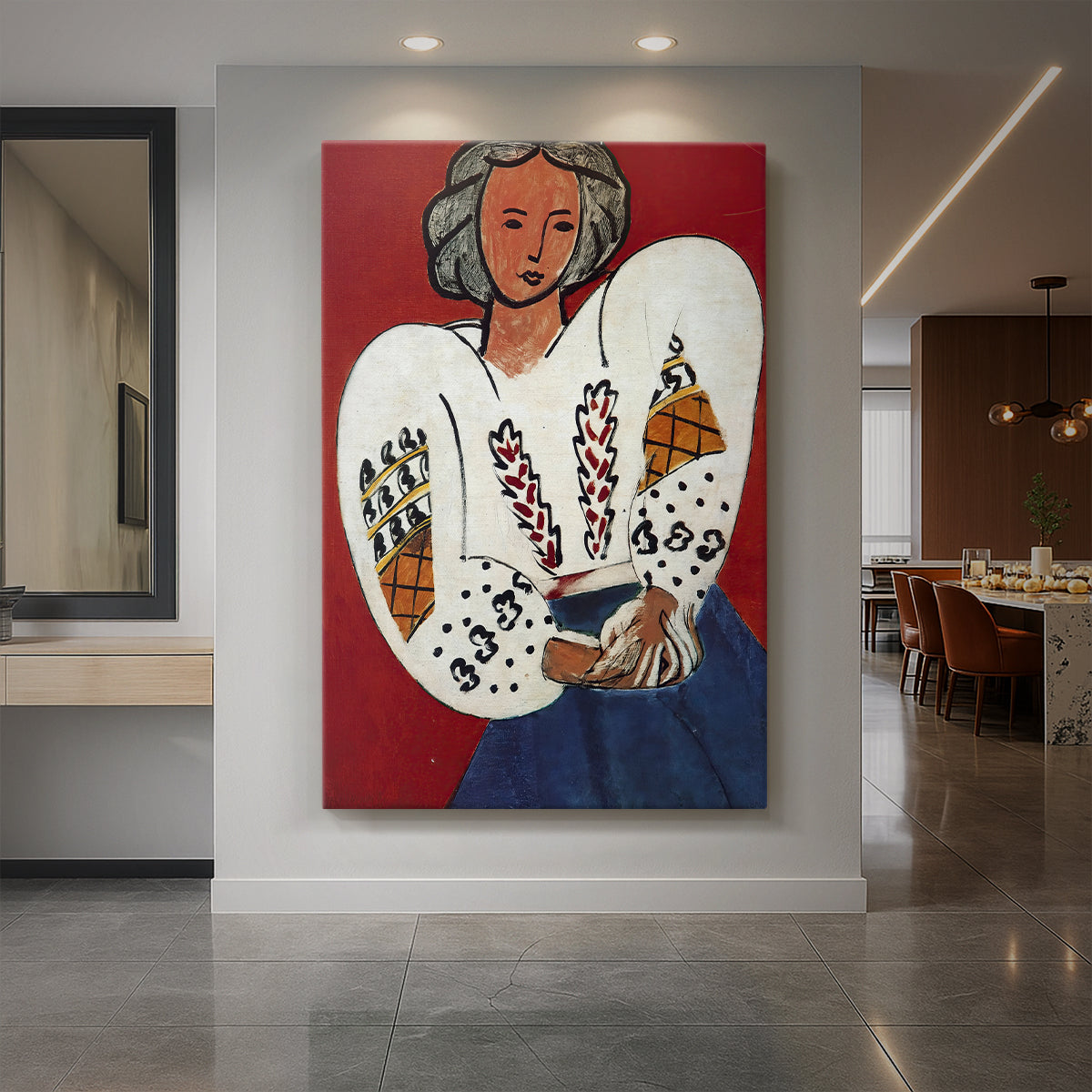 Canvas art print of a fauvist portrait of a woman wearing a patterned blouse with bold color displayed as a statement piece in a spacious interior.