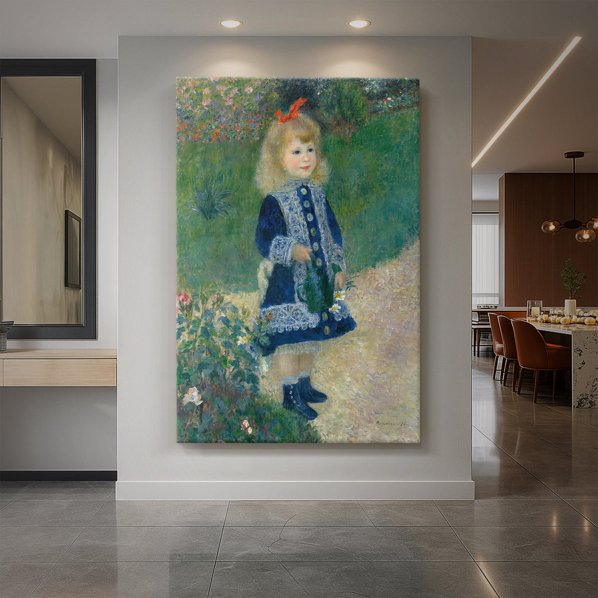Canvas art print of an impressionist portrait of a young girl holding a watering can in a garden displayed as a statement piece in a spacious interior.