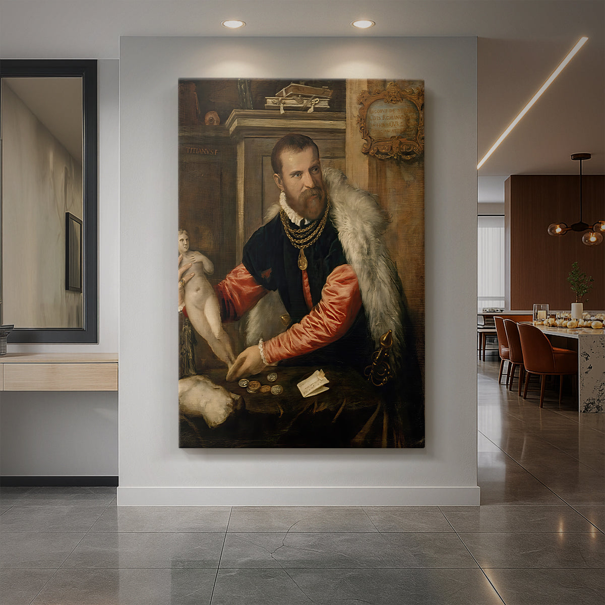 Canvas art print of a Renaissance portrait of a man surrounded by objects in a richly detailed interior displayed as a statement piece in a spacious interior.