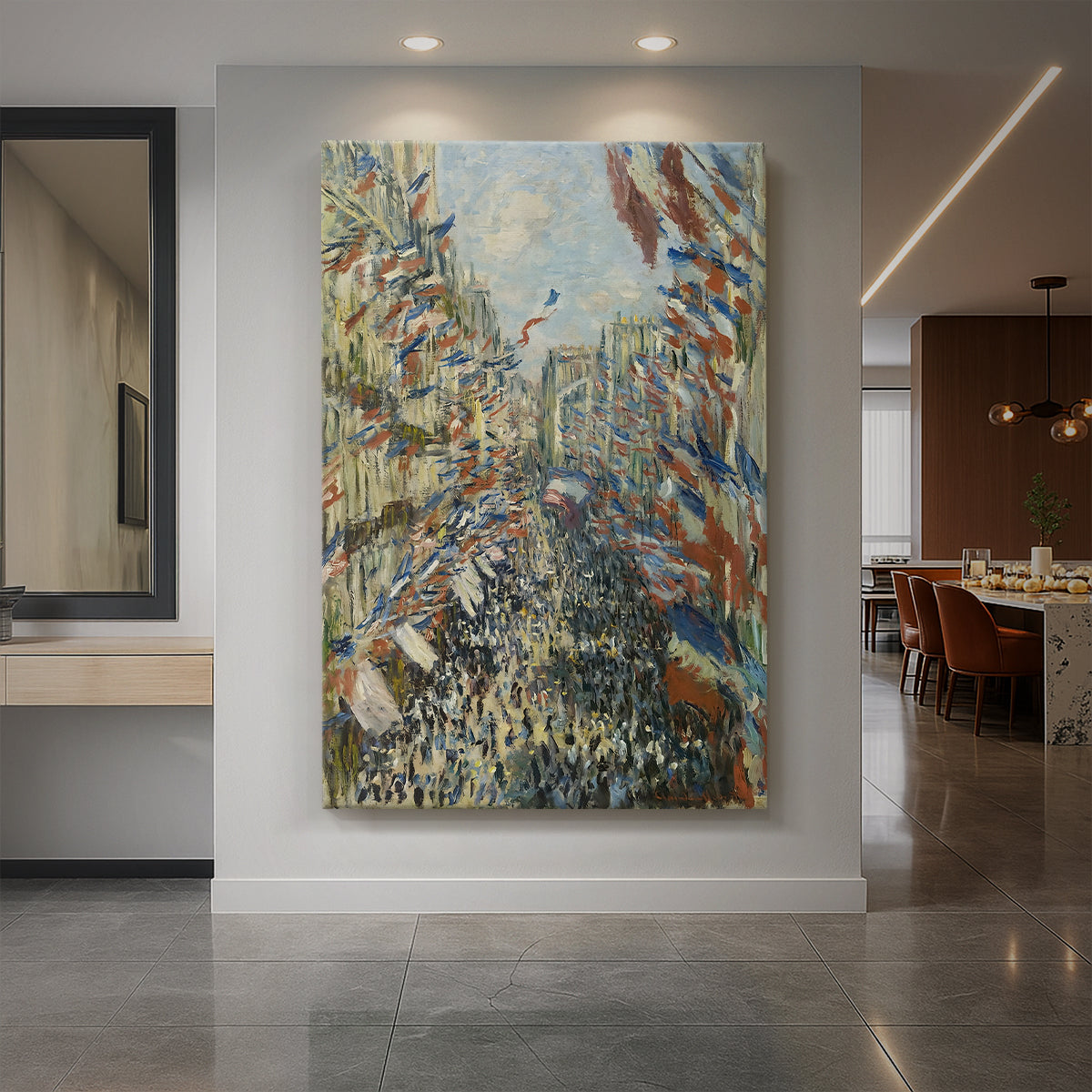 Canvas art print of an impressionist street scene with flags and crowds celebrating outdoors displayed as a statement piece in a spacious interior.